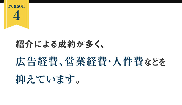 reason4｜紹介による成約が多く、広告経費、営業経費・人件費などを抑えています。